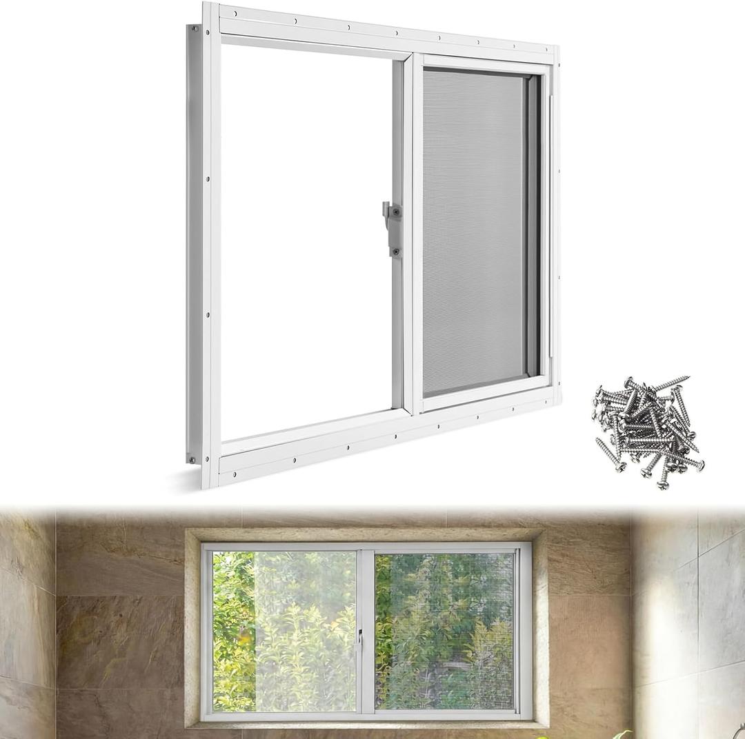 Kathfly 1 Pack Basement Home Window 32'' x 18'' Mini Basement Windows Replacement with Glass Screen and Screws for Home Sheds Barns (White)