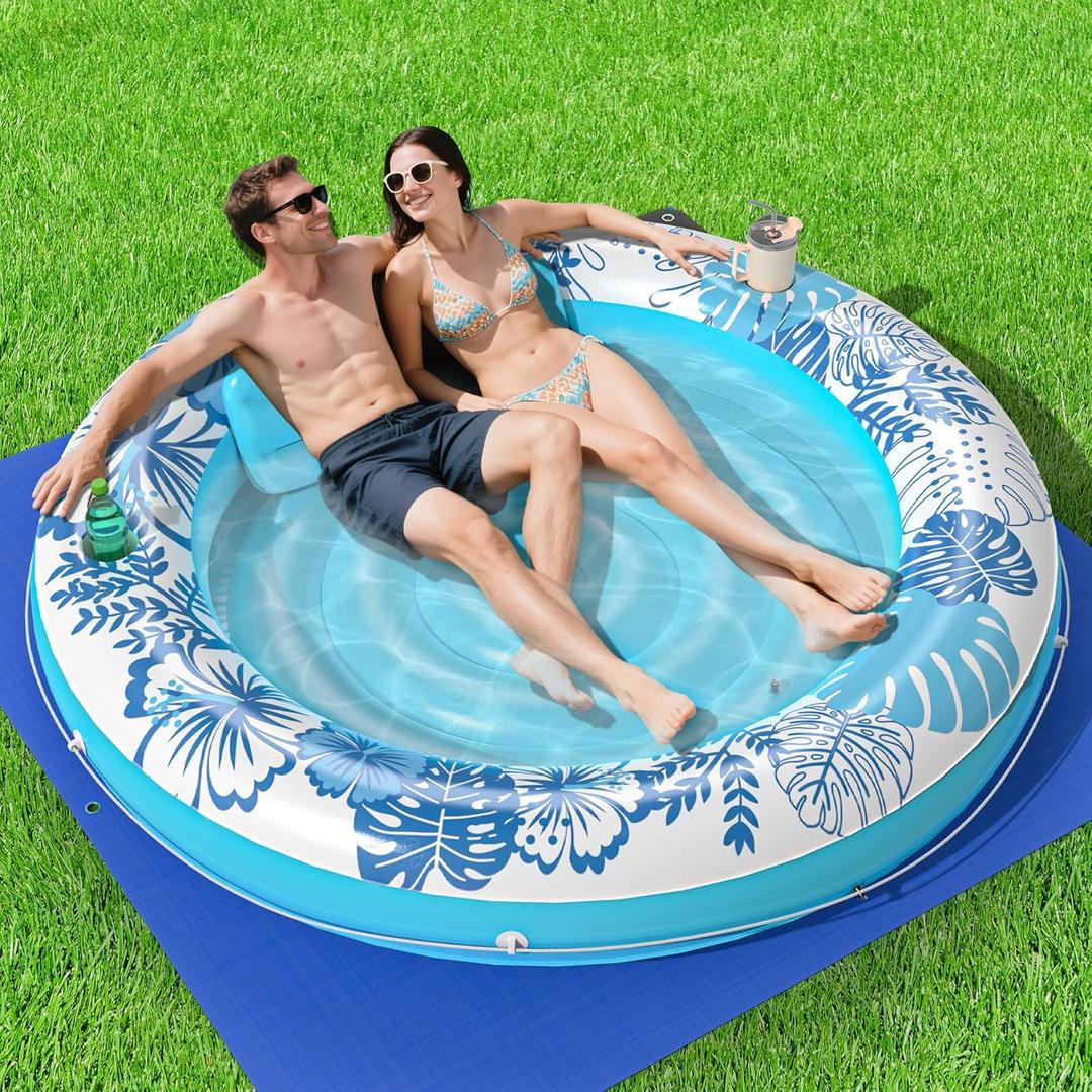 Inflatable Tanning Pool Lounger Float with Protection Tarp, 75" x 75" Pool Floats Adult with Pillow, 6 in 1 Suntan Tub Raft Floatie, Sunbathing Water Lounge Blow Up Pool Kids Ball Pit Party Gifts