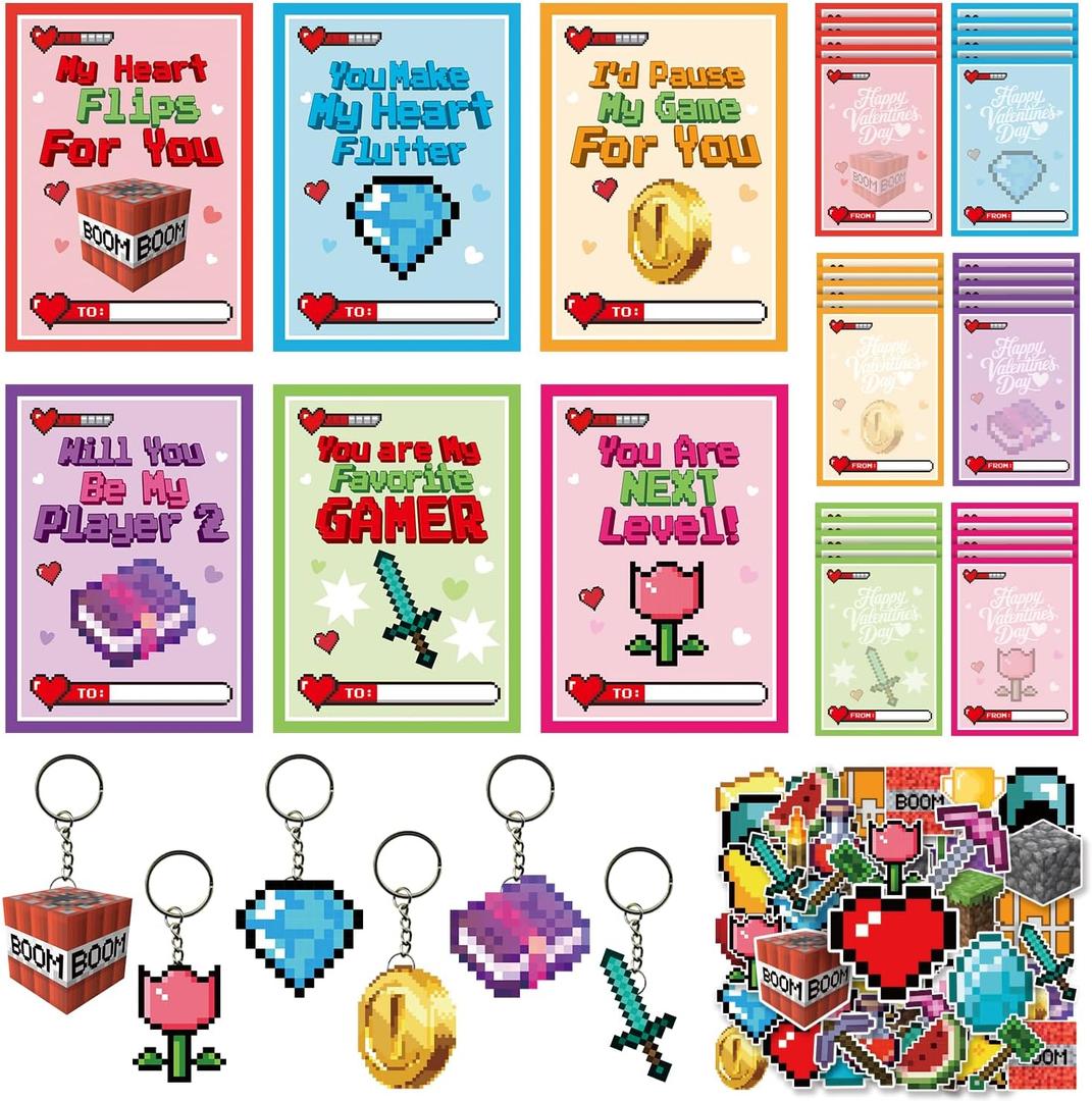 90 Pcs Birthday Party Supplies, Pixel Miner Style Stickers and Cards School Classroom with Key Chain