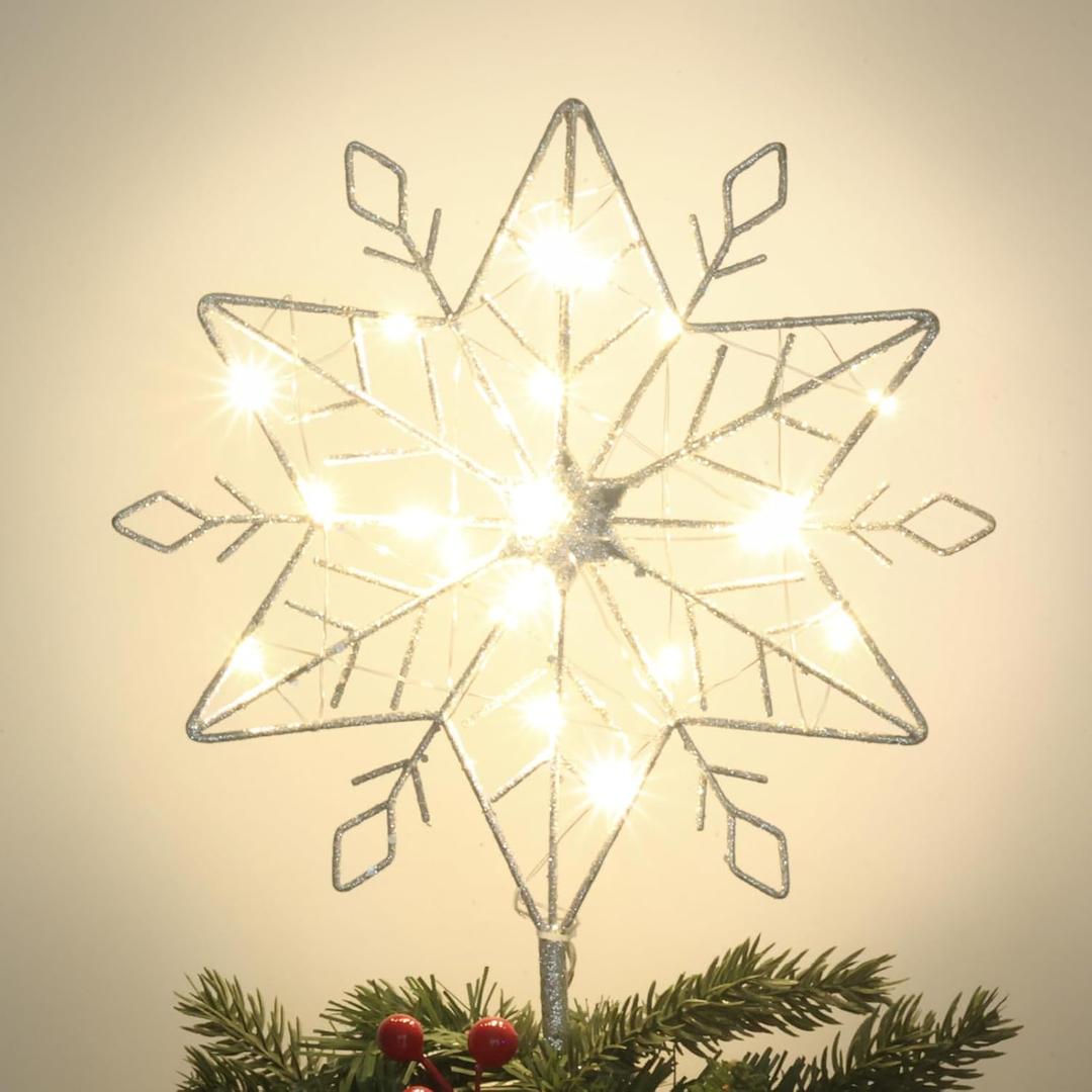 Hogardeck Christmas Tree Topper, 10" Lighted Silver Snow Tree Topper, 20 LED Lights Silver Glitter Powder Snowflake Tree Toppers Christmas Decorations, Battery Powered Timer Xmas Treetop Star Decor