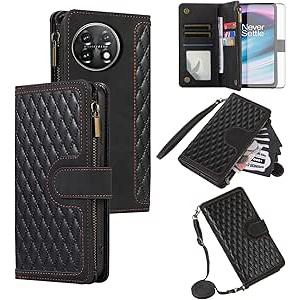 Asuwish Phone Case for OnePlus 11 5G Wallet Cover With Tempered Glass Screen Protector and Crossbody Wrist Strap Flip Zipper Credit Card Holder Cell One Plus11 1 Plus 1plus11 One+ 1+ Women Girls Black