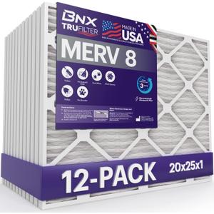 BNX TruFilter 20x25x1 Air Filter MERV 8 (12-Pack) - MADE IN USA  Dust & Pet Defense Electrostatic Pleated Air Conditioner HVAC AC Furnace Filters for Dust, Pet, Mold, Pollen MPR 600  700 & FPR 5