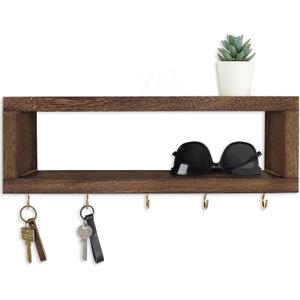 Lwenki Wall Shelf with Hooks  Decorative Key and Wallet Holder for Wall Holds Sunglasses, Leashes, Scarves and Lanyards  15.7" x 5.1" x 2.9" Entryway Organizer Made of Paulownia Wood (Brown)