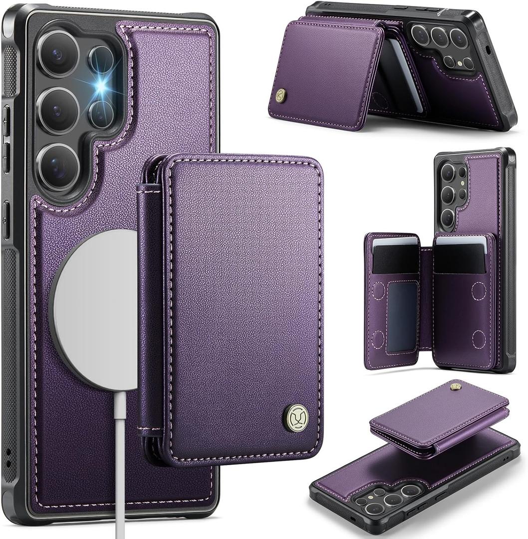 Compatible with Magsafe for Samsung Galaxy S25 Ultra Wallet Case Magnetic Card Holder, RFID Blocking 2 in 1 Detachable Kickstand Shockproof Case for Women Men, Purple