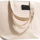 Carrywell |Not Made in China| 3 Pack Canvas Tote Bags W/Zipper Closure and Front Pocket, Heavy Duty Organic Cotton, Blank Reusable Shopping Bags (Natural)