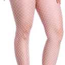 Women High Waisted Fishnet Tights Footed Stockings Plus Size Stretchy Pantyhose (Pink, L)