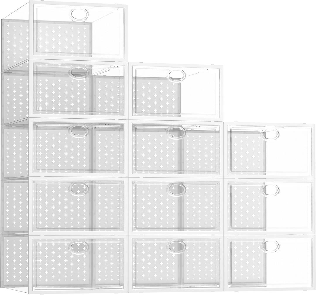 Pinkpum Large 12 Pack Shoe Storage Boxes, Shoe Organizer for Closet clear Plastic Stackable Shoe Dispaly Case Bins Holder, Sneaker Storage White