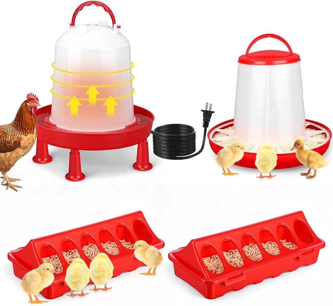 4 Pack 6l Heated Chicken Feeder and Waterer Kit Poultry Waterer Fountain with Leg Support for Chicks Coop Feeding Farm Supplies Birds Duck