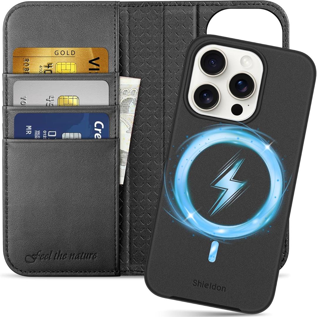 SHIELDON Case for iPhone 15 Pro, Genuine Leather Detachable Wallet Wireless Charging Folio Magnetic Kickstand RFID Blocking Card Slots Shockproof Case Compatible with iPhone 15 Pro 6.1" - Black (Black - Detachable)