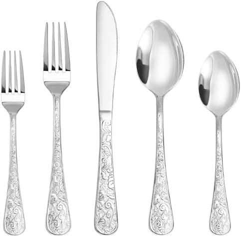 Runfly Vintage Carved Stainless Steel 20 Pieces Flatware Set, Silverware Set, Modern Embossed Cutlery Set Utensils Including Fork Spoon and Knife