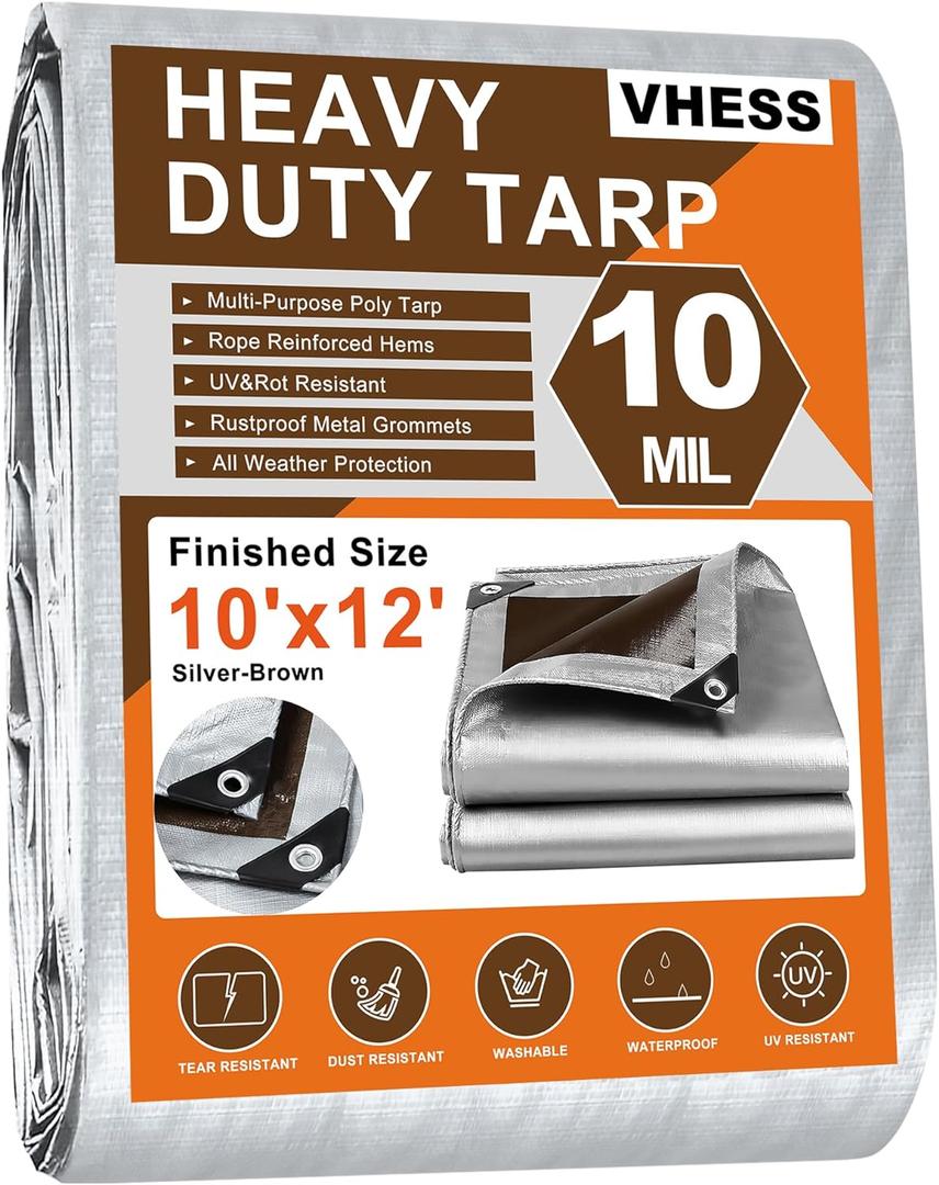 Tarps Heavy Duty Waterproof 10 X 12, 10 Mil Multipurpose Poly Tarp Cover, tarp Waterproof UV Resistant Tear & Fade Resistant, Outdoor Tarpaulin for Roof, Camping, Patio, Pool, Boat, Car (Silver/Brown 10mil)