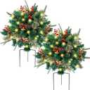 Glintoper Lighted Artificial Christmas Urn Filler, Prelit Xmas Pine Trees with Cones, Golden & Red Berries, Tripod Stake and 60 LED Lights, Outdoor Light Up Planter Filler Holiday Home Decor, 2 Pack