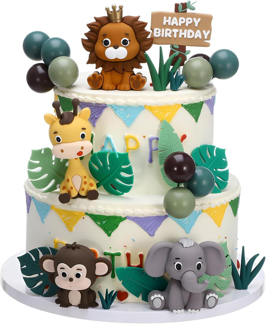40 Pcs Safari Animal Cake Topper, Realistic Jungle Wild Cake Toppers Animal Figurines with Leaves Grass Balls Cake Decorations for Animals Themed Birthday Party Baby Shower Decorations