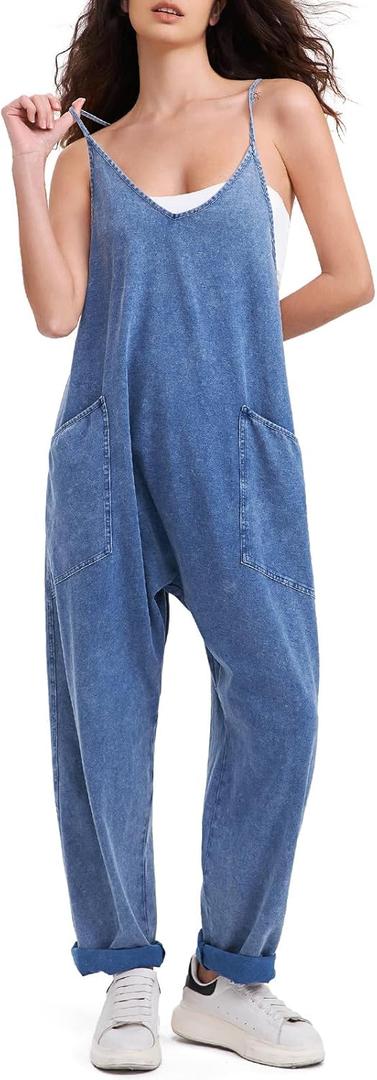EXLURA Womens Casual Summer Jumpsuits 2025 Romper Bib Outfits Beach Vacation Denim Trendy Fashion Overalls with Pockets (Blue, L)