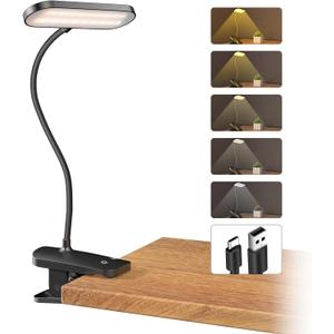 CUHIOY Desk Lamp Clip on Reading Light, USB-C Battery-Operated Rechargeable Table Lamps with Clamp for Dorm Home Office, 38LEDs Bed Headboard Light, 5 Colors 5 Brightness, Flexible Gooseneck (Black)