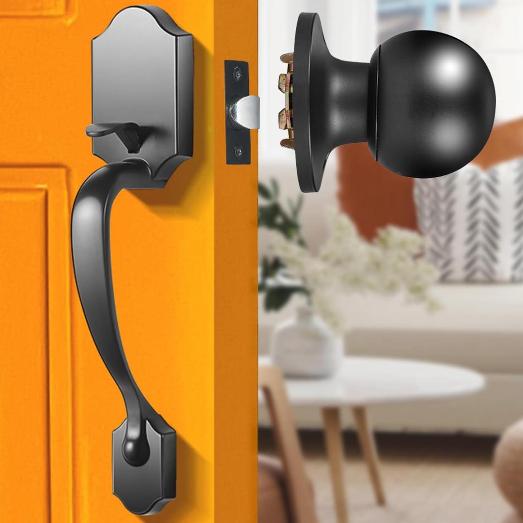 Elemake Front Door Handle - Black Front Door Handle No Lock, Interior Exterior Entry Handleset with Reversible Lever, Matte Black ORB Finish (Upgraded Large Size Adjustable)