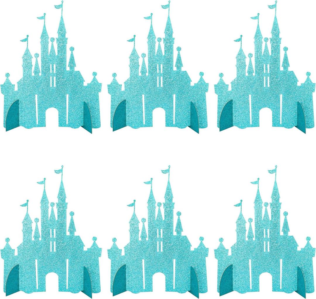 Gyufise 6 Pack Castle Table Centerpiece Glitter Princess Theme Castle Table Toppers for Birthday Baby Shower Princess Party Table Decorations Supplies Blue