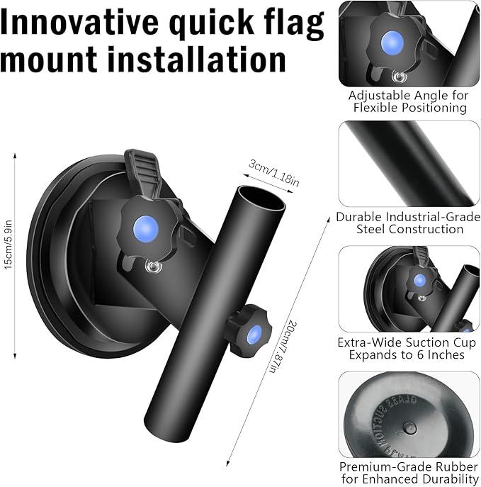 Vathery Suction Cup Flag Holder for RV, Truck, Camper, Trailer, SUV, Jeep, Boat, ATV, Travel Trailer - Adjustable Angle, Heavy-Duty Secure Hold, Black Aluminum Wall Mount, Pack of 2