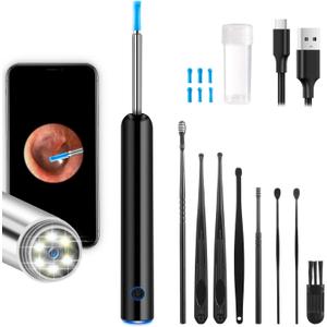 Ear Wax Removal Tool, Ear Cleaner with Camera and Light 1080P Ear Scope Ear Wax Removal Tool Camera Earwax Removal Cleaning Kit Includes 2 Silicone Ear Scoops 6 LED Lights, Black (Black)