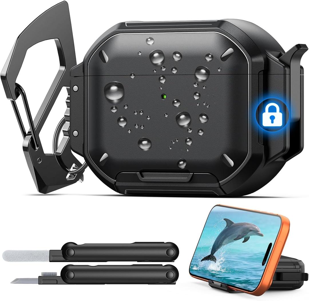 MoKo for AirPods Pro 3 Case with Secure Lock  IP68 Waterproof Case for iPods Pro 3, MilitaryGrade Protective Cover Earpods Pro 3 with Keychain, Phone Stand & Cleaner Kit, Black