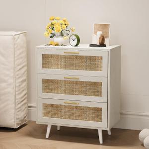 Trironsun Rattan Night Stand Boho End Table with 3 Storage Drawer Wooden Bedside Tables Bed Side Table Accent Tables for Bedroom Small Space (White Cream Oak), 13.8"D x 23.6"W x 29.3"H