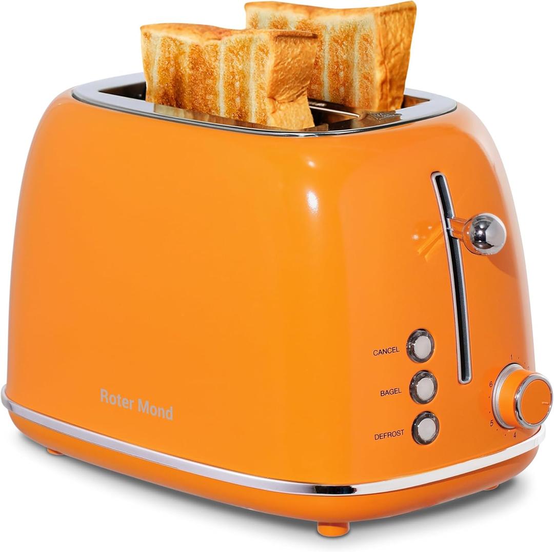 Roter Mond 2 Slice Toaster Retro Stainless Steel with Bagel, Cancel, and Defrost Functions, 6 Bread Shade Settings, Extra Wide Slots and Removable Crumb Tray, Orange