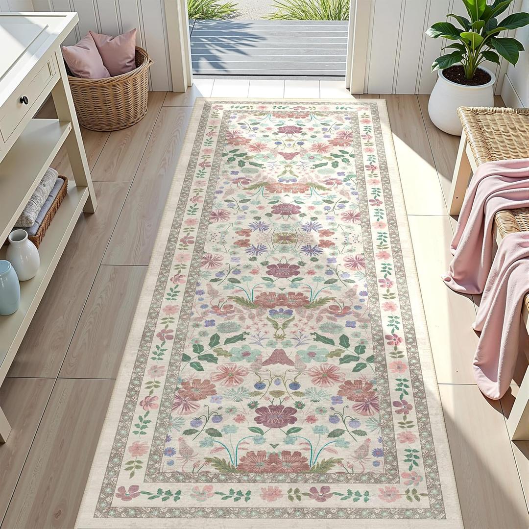 Deerly Floral Runner Rug 2x6 for Kitchen Hallway Bedroom Vintage Boho Washable Bathroom Runner Rugs Non-Slip Soft Low Pile Thin Indoor Carpet for Laundry Room Farmhouse Rug, Beige/Light Pink/Multi