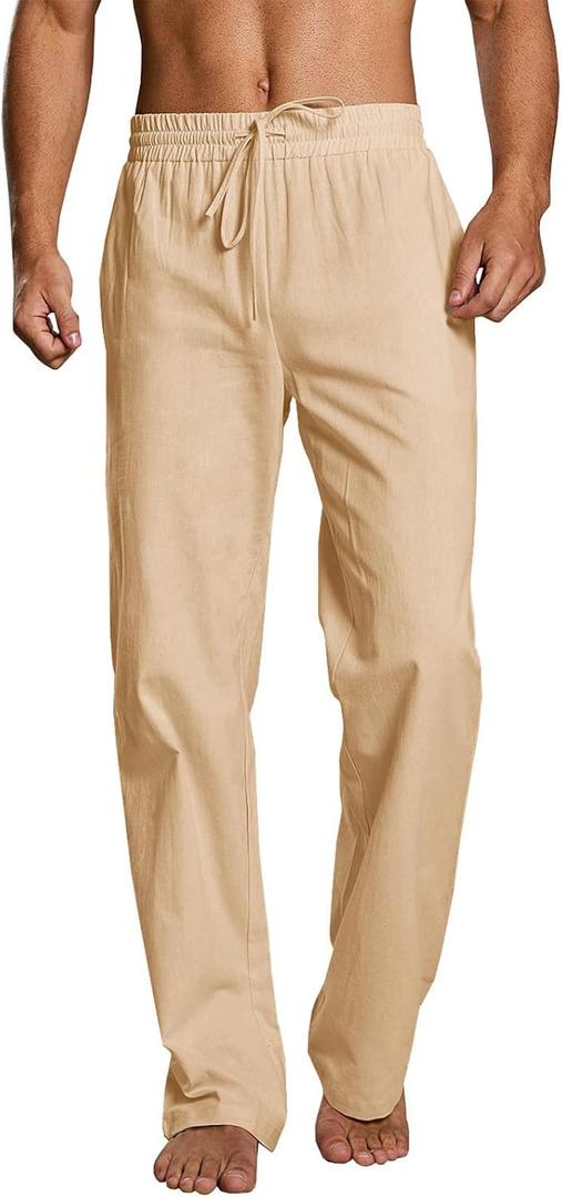 PASLTER Mens Cotton Linen Pants Casual Summer Beach Pants Dress Trousers | Loose Fit, Elastic Drawstring Waist, Lightweight, Straight-Legs, Slacks, Yoga, Work, Vacation, Quick Dry (Beige, XL)