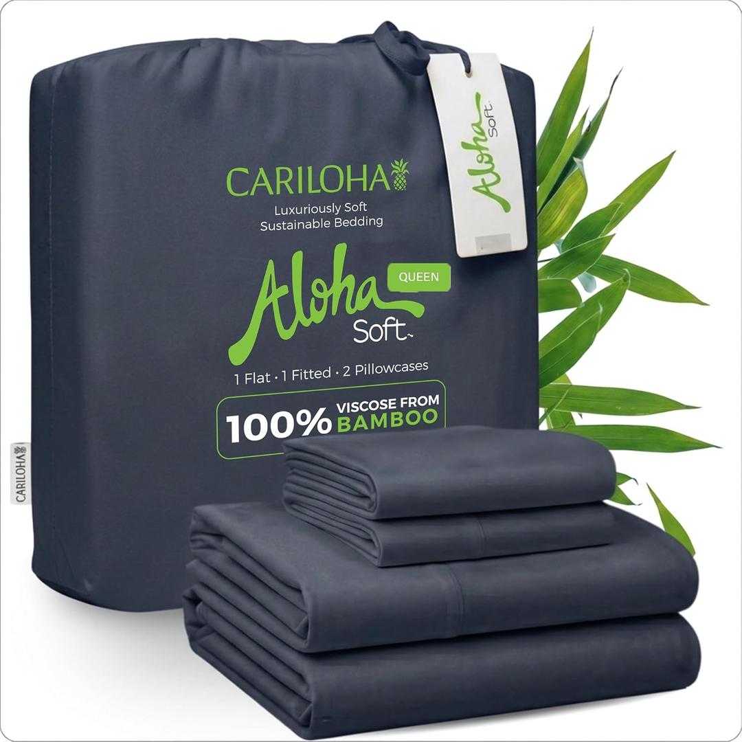 Cariloha Aloha Soft 100% Organic Bamboo Viscose Sheets – 4-Piece Queen Sheet Set – 16 in Deep Pockets – Buttery Soft, Hypoallergenic, Cooling Sheets – Oeko-TEX Standard 100 – Cape Blue