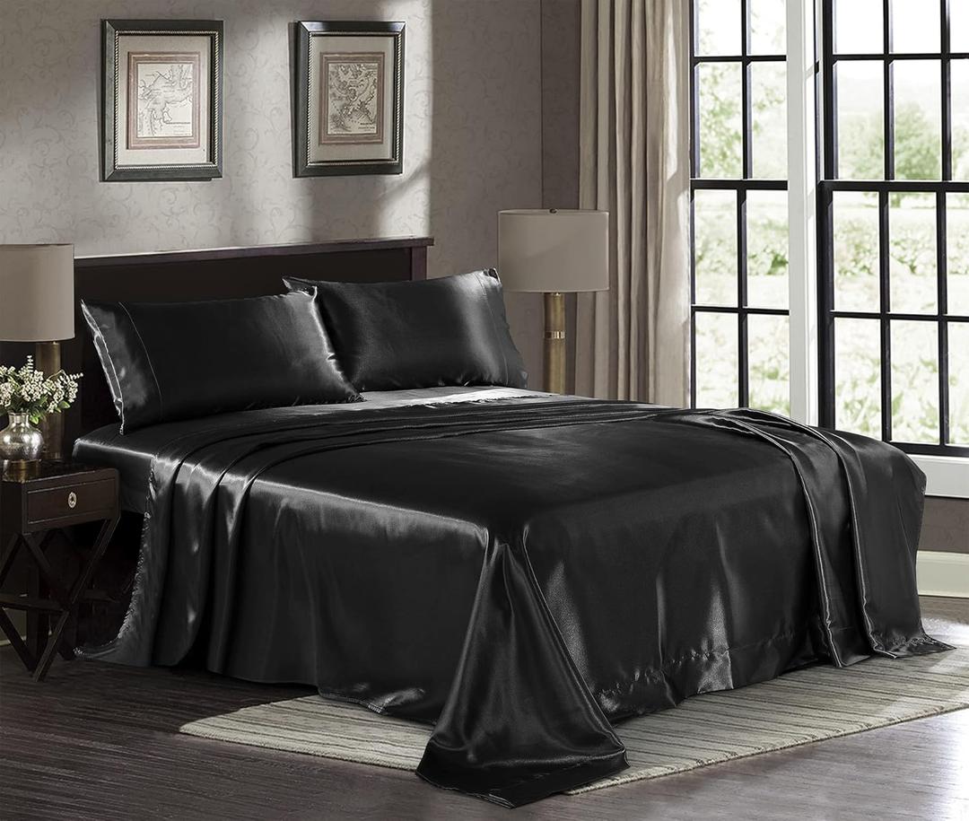 Pure Bedding Satin Sheets Queen [4-Piece, Black] Hotel Luxury Silky Bed Sheets - Extra Soft 1800 Microfiber Sheet Set, Wrinkle, Fade, Deep Pocket Fitted Sheet, Flat Sheet, Pillow Cases