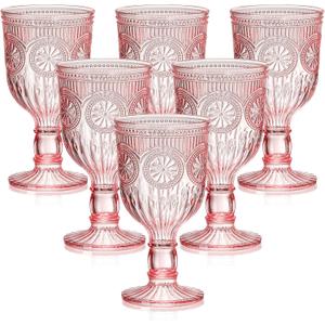 12 Oz Plastic Vintage Wine Glasses Goblets Drinking Glasses Sunflower Embossed Glassware Plastic Champagne Flutes Unbreakable Wedding Toasting Glasses Party Wine Cups for Bridal Shower Party (6, Pink)