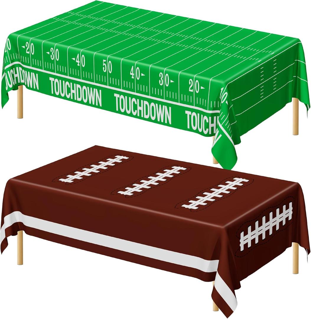 QZYL Football Party Decorations 2026, Disposable Football Tablecloth, 2 PCS Brown Green Decoration Runner, Game Day Theme Table Cloth, Plastic Table Cover for Game Day Touchdown Party Supplies (2pcs 54x108 in)