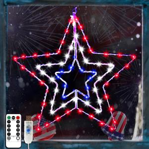 4th of July Patriotic Decorations, Red White and Blue Memorial Day Decor Star Lights, Timer 14.2In Iron Frame 70Led Fairy Star Lights, 8 Mode with Remote Window Wall Silhouette for Home