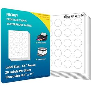 Nicbuy 500 Printable Glossy White 1.5 inch Round Labels, Waterproof Vinyl Sticker Labels for Inkjet or Laser Printer