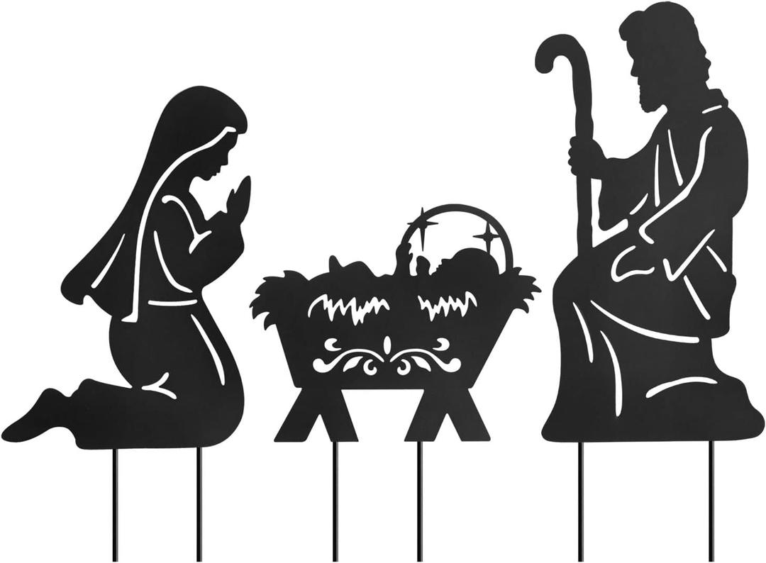 Nativity Decorative Garden Stakes Nativity Scene Metal Stakes Outdoor Nativity Scene Christmas Decoration Yard Stakes Set of 3, Black, YS-01