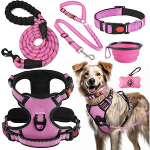 No Pull Dog Harness, Collar & Leash Set | Includes Dog Seat Belt, Collapsible Bowls & Poop Bag Dispenser. Ideal for Training, Walking, Hiking (Pink, L)