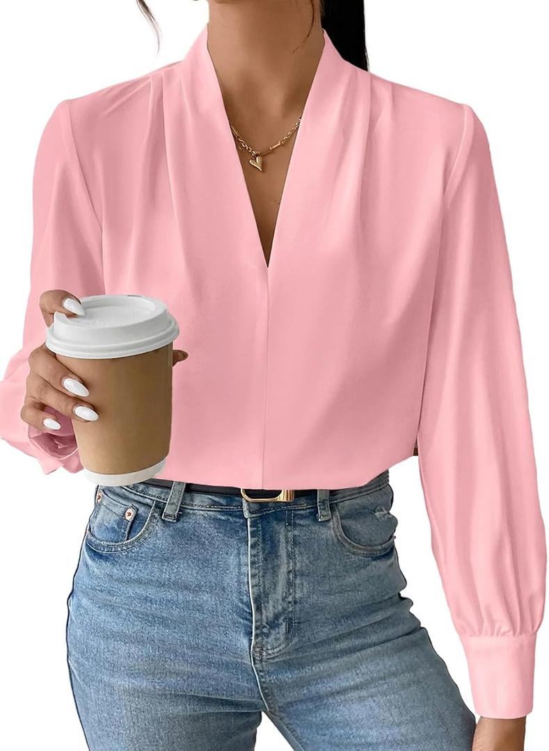 EVALESS Work Blouses for Women Long Sleeve Blouses Business Spring Top Womens V Neck Office Shirts (XL)