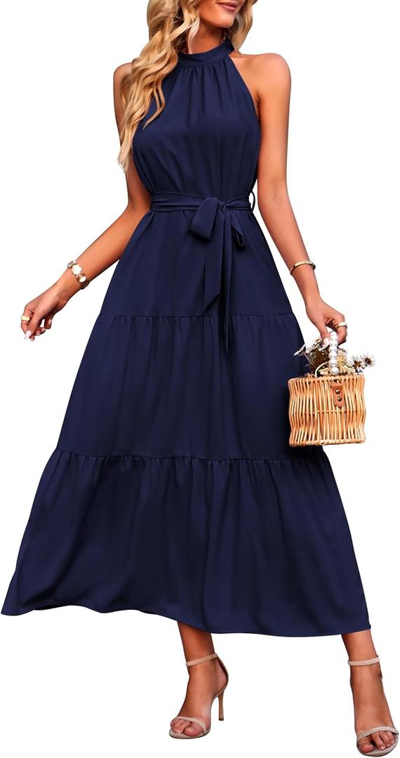 PRETTYGARDEN Women's Summer Floral Maxi Sun Dress Sleeveless Halter Neck Flowy Ruffle Hem Long Boho Dresses with Belt (Blue, M)