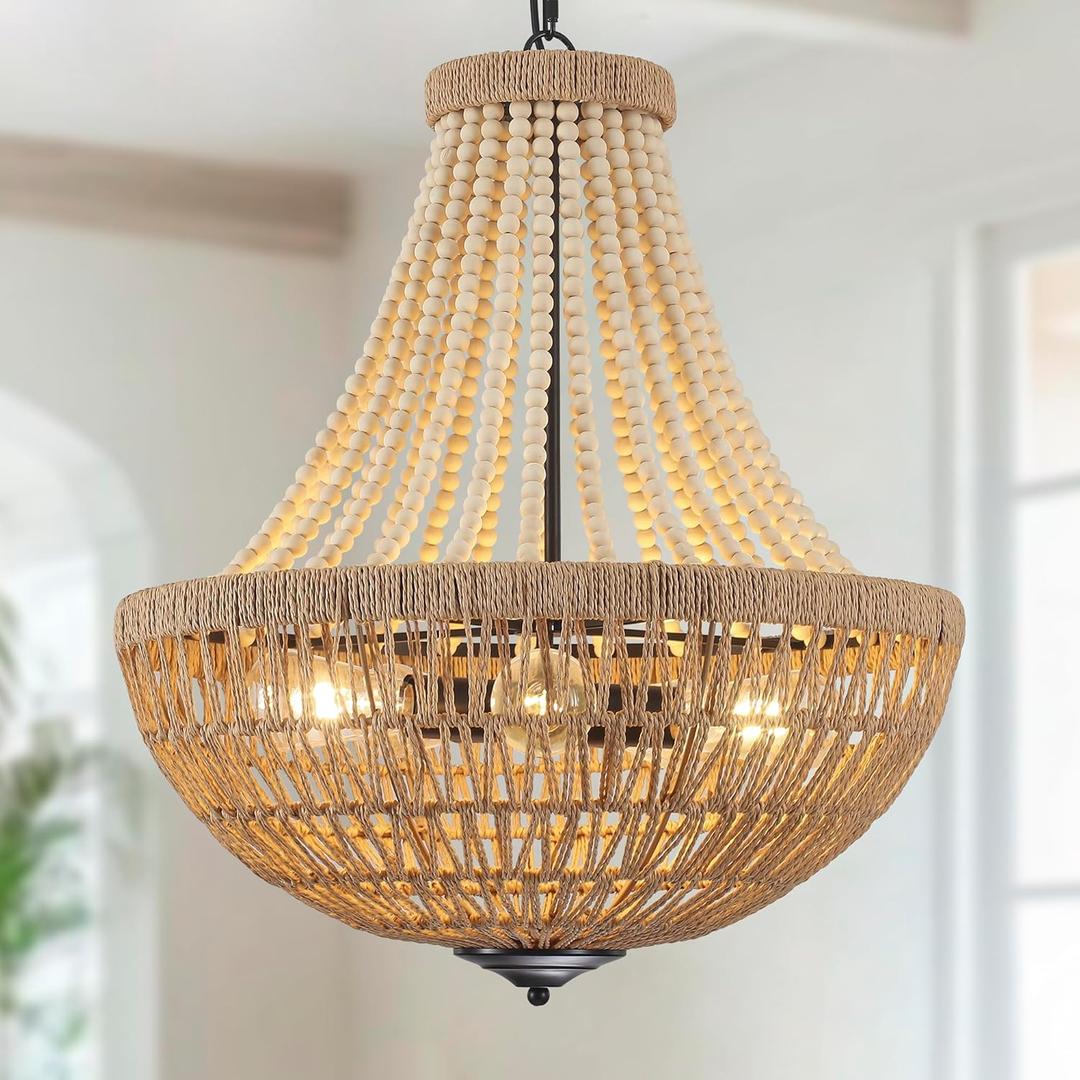 22" Wood Beaded Chandelier Boho Farmhouse Pendant Light Fixtures Bohemia Hand-Woven Rattan Chandeliers for Dining Room Kitchen Island Living Room 5-Lights (Beige)