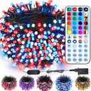 BrizLabs RGB + Warm White Christmas Lights, 98.5FT 300 LED Color Changing Red White Blue Patriotic String Lights with Remote, Dimmable Mini Light for Indoor Outdoor 4th of July Halloween Tree Decor (RGBW - Green Wire (Adaptor))