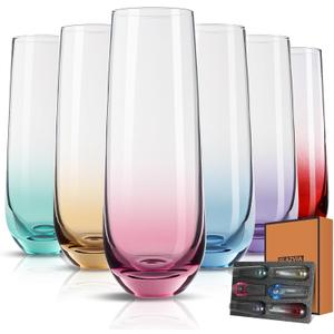 Stemless Champagne Flutes Glasses Set of 6-10oz Multi Colored Glass, Unique Colorful Champagne Flute Gift for Wedding, Anniversaries, Parties, Birthday, Restaurant, Home Bar