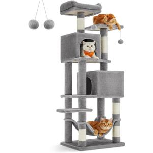Feandrea Cat Tree, 61-Inch Cat Tower for Indoor Cats, Plush Multi-Level Cat Condo with 5 Scratching Posts, 2 Perches, 2 Caves, Hammock, 2 Pompoms, Light Gray UPCT192W01 (61 Inches)
