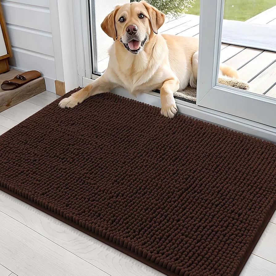 OLANLY Dog Door Mat for Muddy Paws 36x24, Absorbs Moisture and Dirt, Absorbent Non-Slip Washable Doormat, Quick Dry Chenille Mud Mat for Dogs, Entry Indoor Entryway Carpet for Inside Floor, Brown