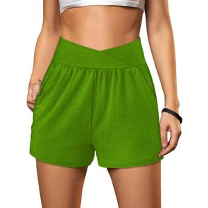Sampeel Women's Workout Shorts Athletic Running Shorts Crossover High Waisted Gym Shorts with Pockets (Green, S)