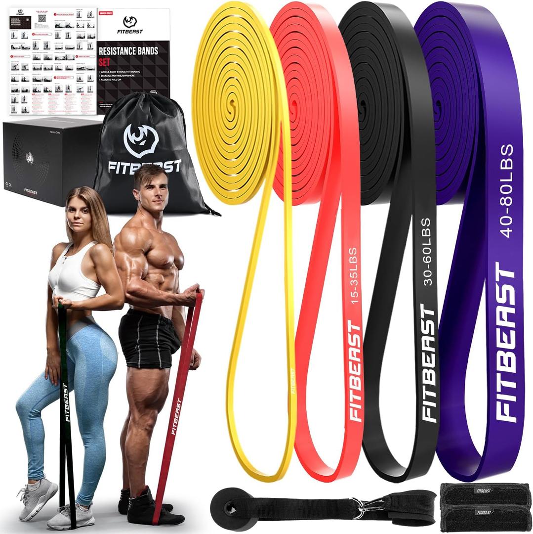 FitBeast Resistance Bands Set, 6 Different Levels, Pull Up Assist Bands for Strength Training, Crossfit, Powerlifting, Muscle Toning, Yoga, Mobility Exercises, Rehabilitation, Full-Body Workout (Rainbow5-80 lbs))
