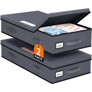 Under Bed Storage Containers with Lids - 2 Pack, Foldable and Stackable Clothes Storage Bags with Clear Window, 3-Sided Handles and Label Slot for Clothing, Blankets, Pillows (Grey)