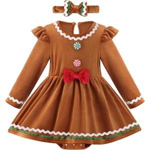 Ochine Newborn Baby Girl Christmas Romper Dress Infant Long Sleeve Fall Winter Velvet Dress Christmas Outfit with Headband (0-3 Months, Brown)