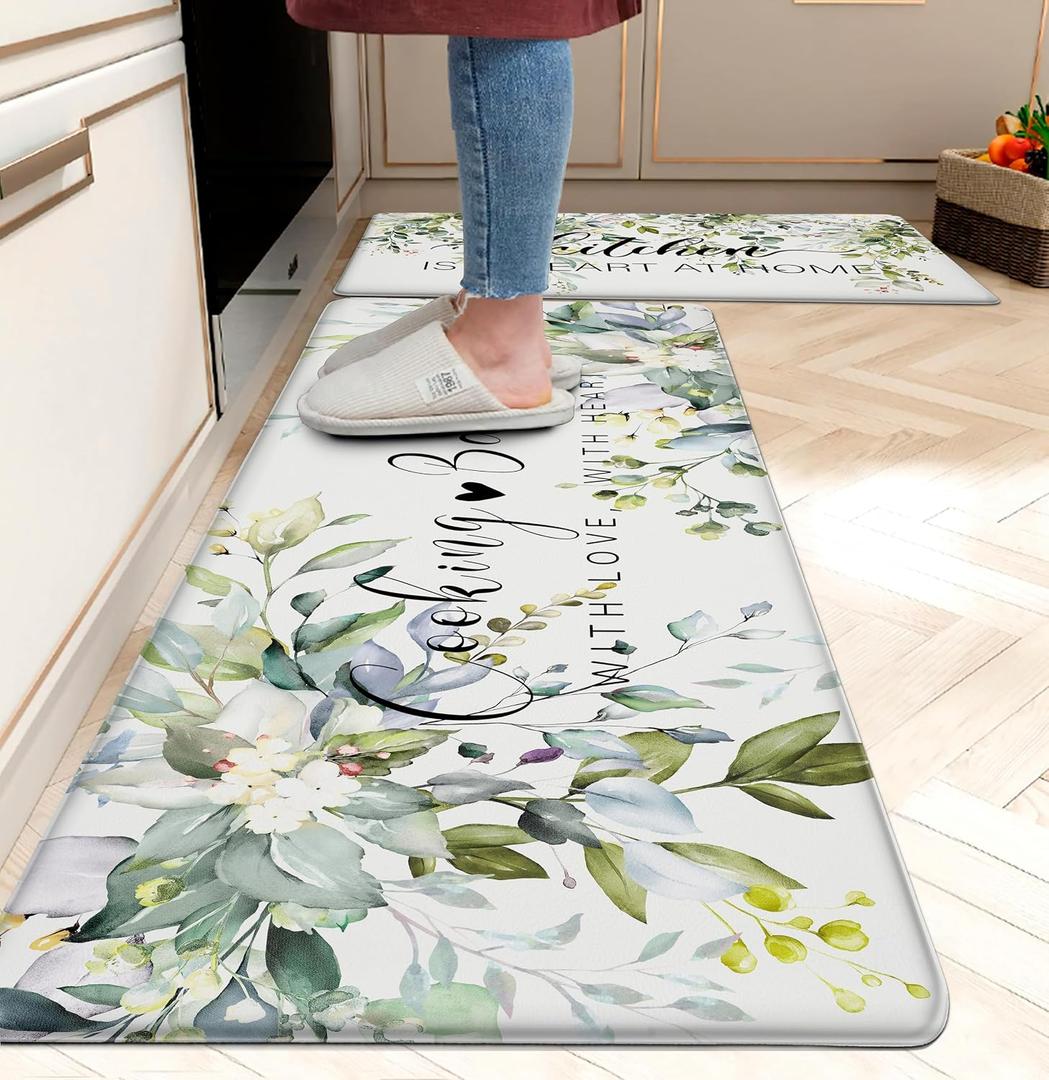 weesire Green Kitchen Rug Anti Fatigue Mats for Kitchen Floor Kitchen Rugs Sage Green Floral Herb Memory Foam Kitchen Mat Cushioned PVC Leather Kitchen Rug Set, 17.3x28+17.3x47 inches