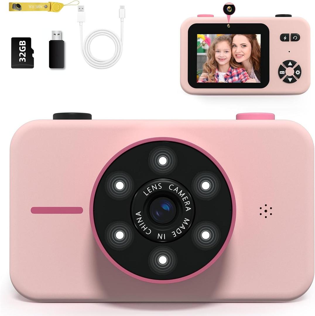 Kids Camera,Kids Camera for Girls,Kids Video Camera for Age 6-8 Kid Camera for vlogging,Christmas Birthday Gifts PortableToddler Cameras Dual Lens 2.4 Inch with 32G TF Card-Pink