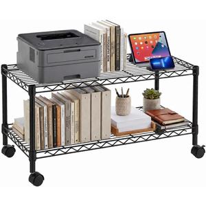 2-Tier Media Shelf Organizer with Adjustable Shelves with 125-lb Capacity Per Shelf, Black Steel Wire Shelving, Storage Rack with Smooth Rolling Locking Casters, 18" X 36" X 20"